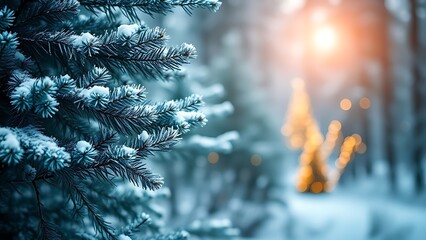 Snow-covered spruce branches in a winter forest, evoking a magical Christmas atmosphere.