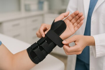 Doctor carefully adjusting wrist brace on patient's arm, providing support and stability for injury recovery