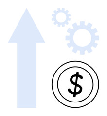 Upward arrow, gears, and dollar coin illustrating growth, progress, teamwork, success, innovation, finance and productivity. Ideal for business strategy finance growth and teamwork visualization