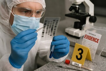 Forensic scientist wearing protective suit analyzing dna sample using tweezers and a test tube in a laboratory, with microscope and evidence bag in background