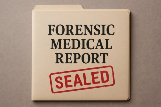 Manila folder holding a forensic medical report, sealed with a striking red stamp, resting on a table, conveying confidentiality and authority