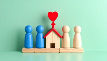 A heartwarming display of togetherness and love. The wooden figures of a family stand in front of a charming house with a heart symbol rising above it, conveying themes of home and family