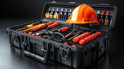 Open tool case with various tools