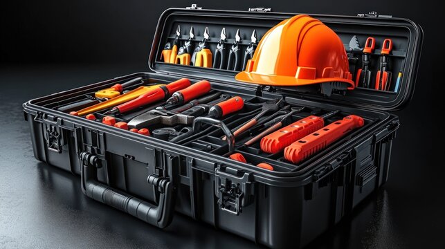 Open tool case with various tools