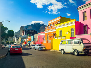 Colourful Street of Bo-Kaap with Table Mountain in the Background