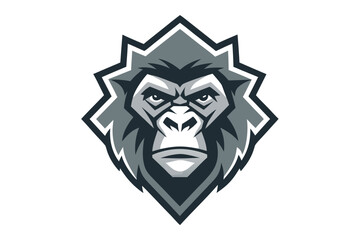 Gorilla Head Monochromatic Mascot, Detailed Fur, Geometric Framing on White Backdrop