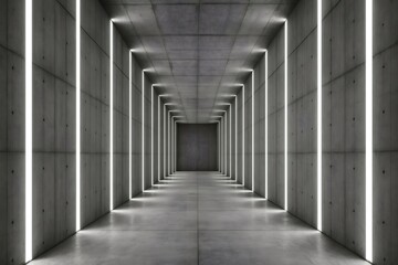 Modern concrete hallway with bright led lights illuminating the scene, creating a futuristic and minimalist atmosphere
