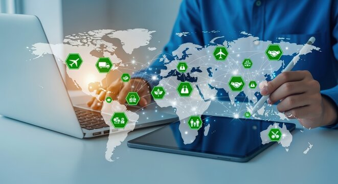 Global Network Connection Technology: Man Working on Laptop with Virtual World Map Interface Overlaying