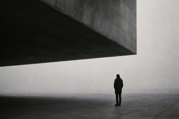 Black and white image of a lonely man standing under a concrete overhang in a foggy day, contemplating the horizon