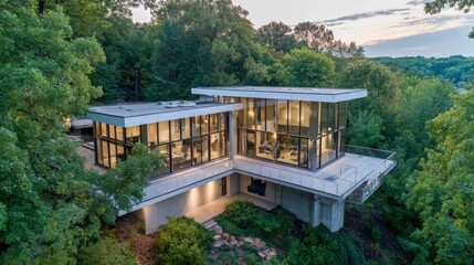 Naklejka premium Modern House in Forest: Exterior View of a Contemporary Home Surrounded by Lush Greenery, Showcasing Architectural Design