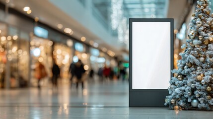 Blank Digital Signage Display in Shopping Mall at Christmas, Mockup for Advertising and Promotions