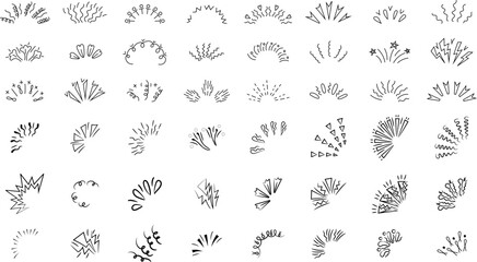 Line icons illustrating bursts, explosions, confetti, and surprise rays, doodle style, linear art illustration.