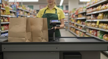 Obraz premium Supermarket checkout counter with cashier and kraft paper bags ready for shopping