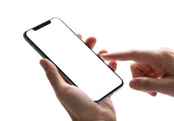 Close up of a person s hands holding and interacting with a modern smartphone isolated on transparent background