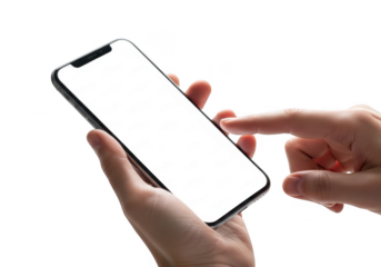Close up of a person s hands holding and interacting with a modern smartphone isolated on transparent background