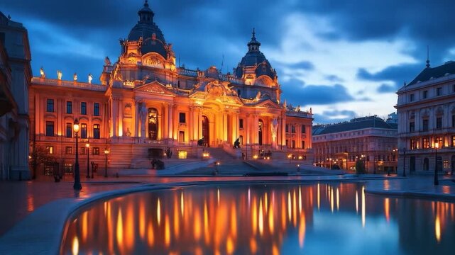 Budapest's Szechenyi Baths: Illuminated Grandeur at Twilight, Reflecting in Tranquil Waters