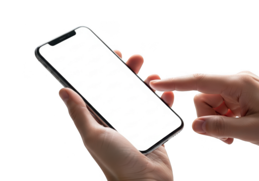Close up of a person s hands holding and interacting with a modern smartphone isolated on transparent background
