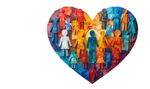 corazon de papel con personas de diferentes colores simbolo de solidaridad y humanidad en el dia mundial del corazon con espacio para texto