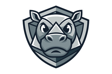 Stylized rhino head illustration contained within a geometric shield on white background