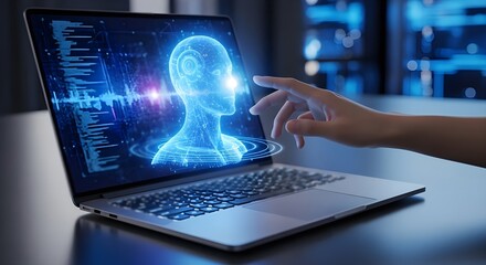 Artificial Intelligence Digital Profile Hologram Displayed on Laptop with User Hand Interaction