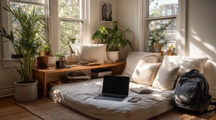 A cozy living room with a large floor cushion, laptop, and backpack. Sunlight streams through windows, illuminating indoor plants and wooden furniture.