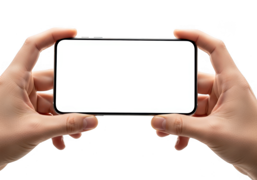 Hands holding a modern smartphone horizontally with a blank screen isolated on transparent background