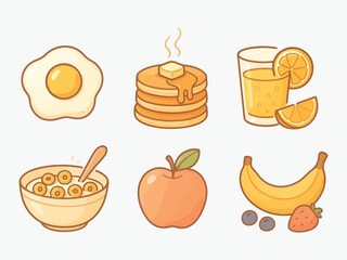 Breakfast Foods Icons: Eggs, Pancakes, Juice, Cereal, Apple, and Banana