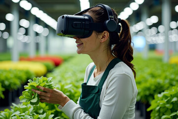 Woman farmer planting crops in high-tech vertical farm while using virtual reality headset.