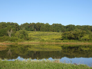 The scenic beauty of the wetlands within the Middle Creek Wildlife Management Area, with natural reflections upon calm water, Lancaster County, Pennsylvania.