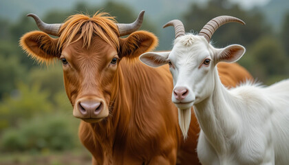 Fototapeta premium Charming portrait of a cow and goat standing side by side, perfect for illustrating farm life, animal companionship, and rural settings, evoking feelings of peace and harmony with nature