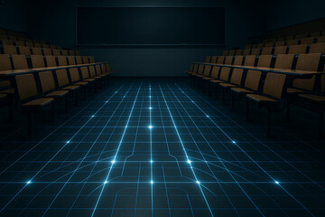 Naklejka premium Futuristic classroom auditorium with wooden seats and glowing digital grid floor, immersive technology learning space, advanced education lecture hall, high tech training environment, virtual reality 