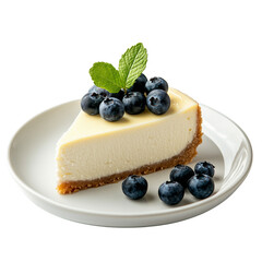 Slice of creamy cheesecake topped with fresh blueberries and a mint sprig, elegantly placed on a white plate isolated on a transparent background