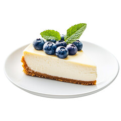 Slice of creamy cheesecake topped with fresh blueberries and a mint sprig, elegantly placed on a white plate isolated on a transparent background