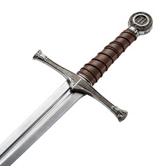 Steel sword with leather-wrapped hilt. Isolated white background. Png format
