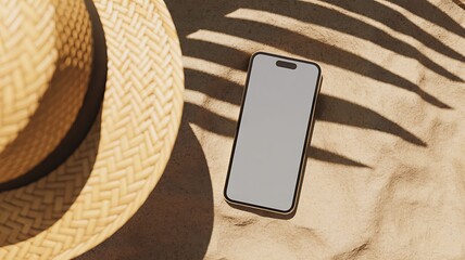 Straw hat and smartphone on sandy beach with palm leaf shadows