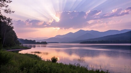 Fototapeta premium Majestic mountain range reflected in a calm lake at sunrise with dramatic crepuscular rays piercing the sky