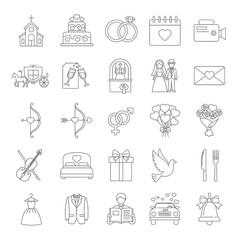 Collection of wedding icons featuring cake rings church and other celebratory elements in outline style