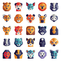 vector geometric animal faces, each composed of various polygons and bright colors. The animals are stylized in a low-poly art style, giving them a modern and artistic appearance. Each face 