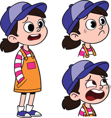 Cute cartoon girl character with different emotional expressions, including smiling, worried, and crying faces. Fun and colorful vector illustration perfect for animation and design projects.