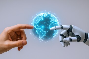 Human and Robot Hand Touching Holographic Earth: Concept of Artificial Intelligence and Technology Integration