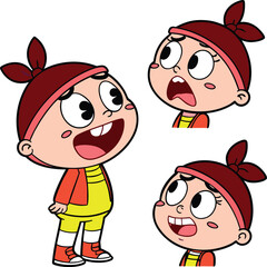 Cute cartoon girl character with expressive emotions including happy, surprised, and curious faces. Fun colorful vector illustration ideal for animation, comics, and design projects.