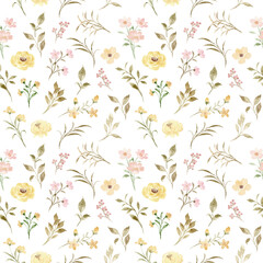 Watercolor flower yellow pink seamless pattern