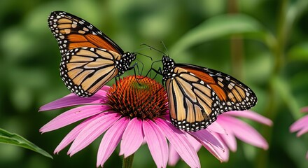 Naklejka premium Two monarch butterflies feeding on a pink coneflower