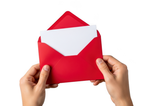 Hands holding an open red envelope with a white card inside isolated on transparent background - Powered by Adobe