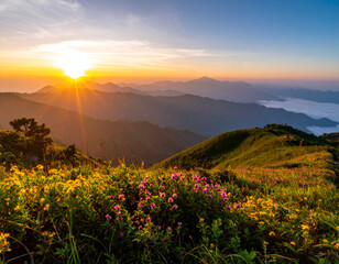 Obraz premium Sunrise Over Lush Green Mountain Landscape with Blooming Flowers