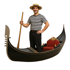 Gondolier smiling while standing in traditional gondola boat  
