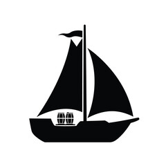 Black sailboat with barrels and flag ship vessel