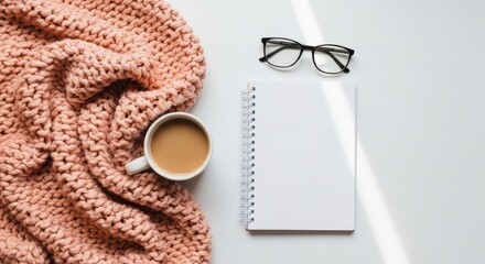 Cozy reading setup with coffee notebook and glasses isolated on white background