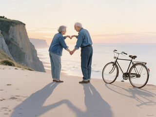 Elderly couple embracing while making heart shape on beach  