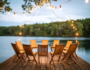 Fototapeta premium Wooden Chairs Arranged on a Lake Dock at Dusk with String Lights